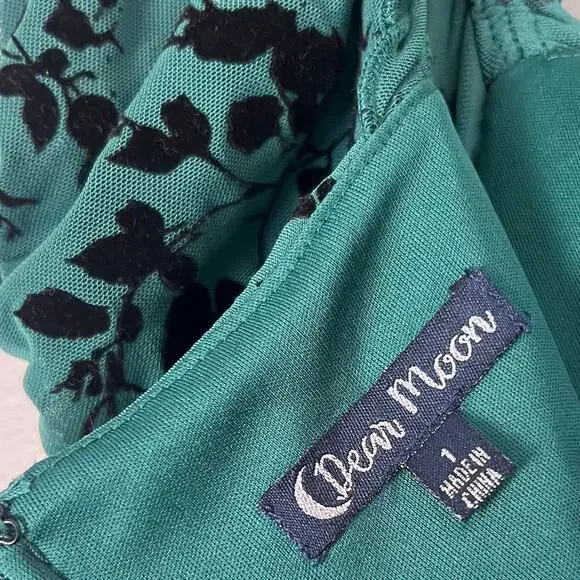 Dear Moon Green Burnout Velvet Floral Ruched Midi Dress Puff Sleeve Goth Holiday - Picture 7 of 7